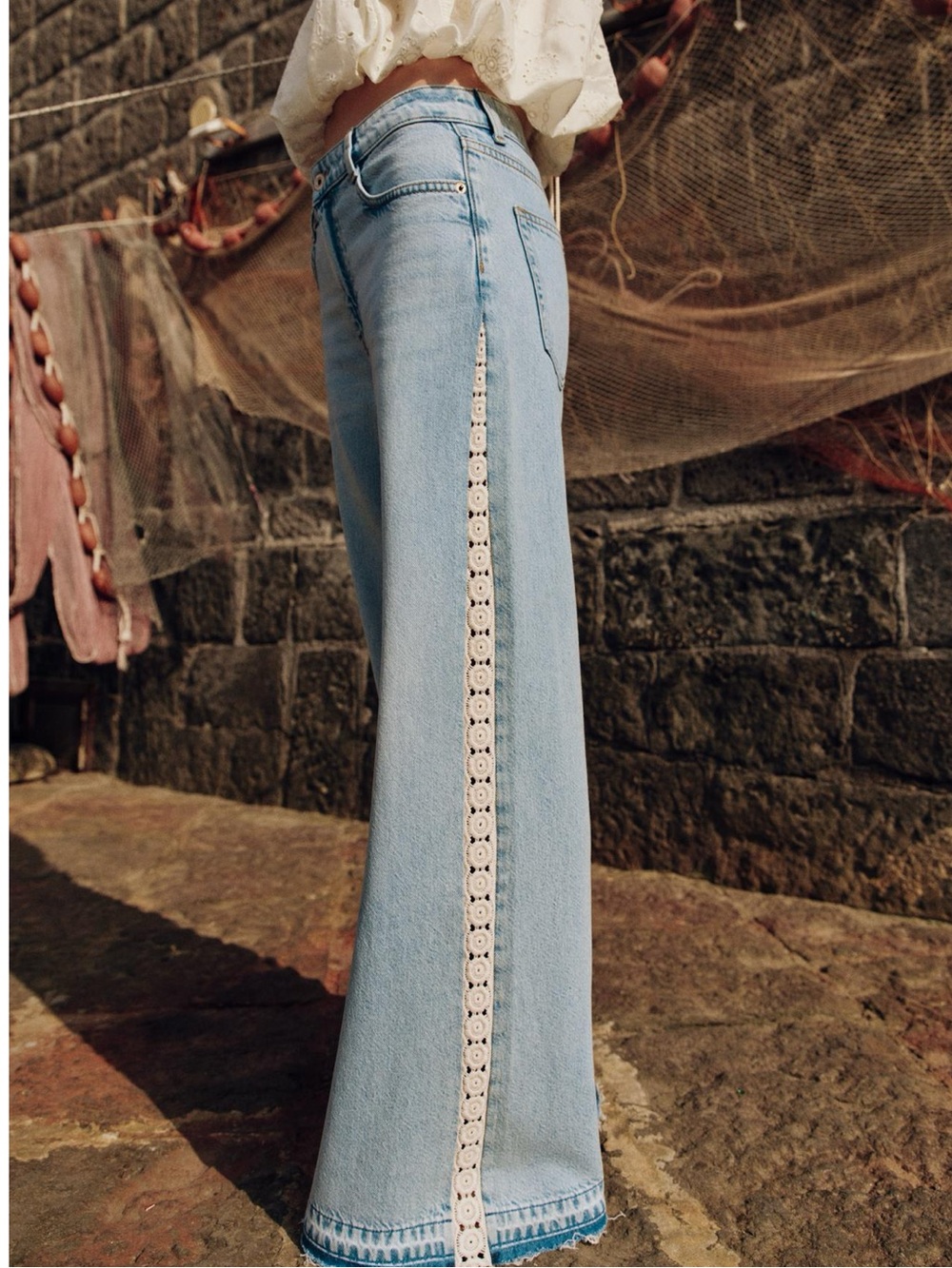 Zara Z1975 High Waist Wide Leg Crochet Combined Jeans NWT